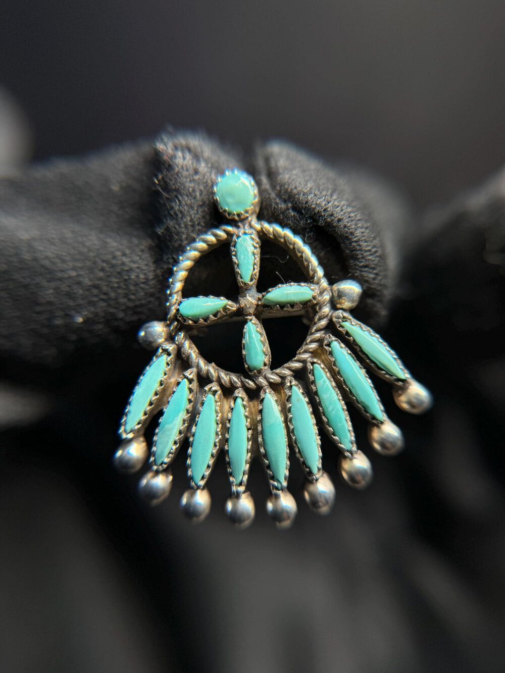 Ruby Gchachu Zuni Sterling Silver Turquoise Needlepoint Pendant Brooch Signed